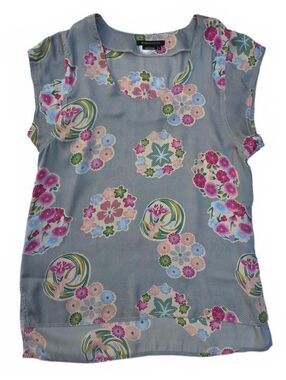 BCBG Y2K Traditional Japanese Inspired Floral Print Top Short Sleeve Silver/Grey